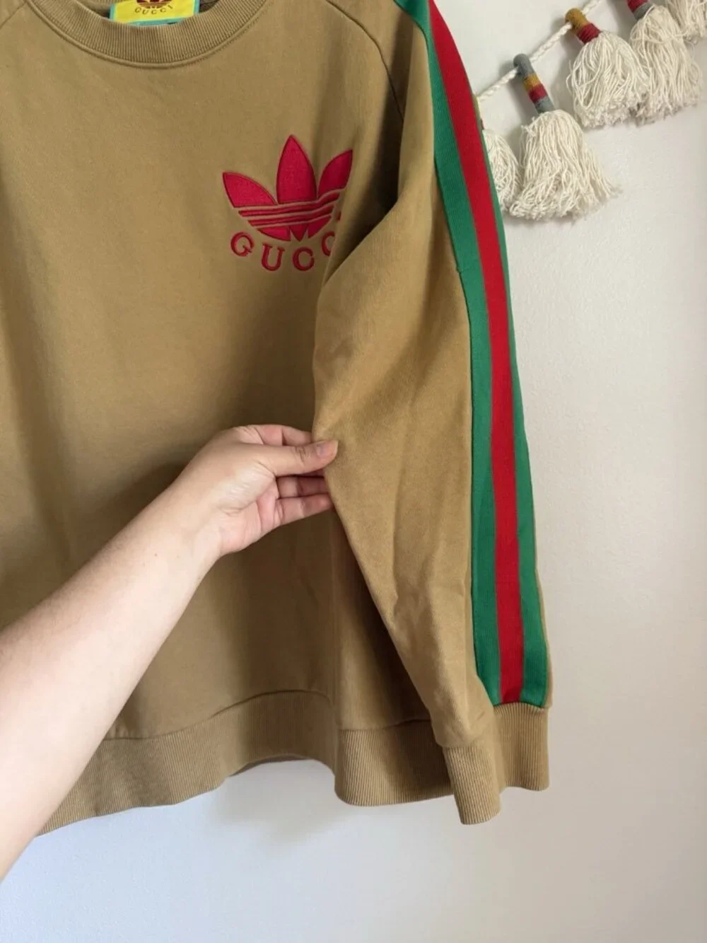 Gucci x Adidas Cotton Jersey Trefoil Sweatshirt Camel Brown Logo Sporty Preppy L